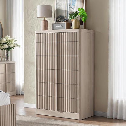 Fluted Dresser for Bedroom, 48" Tall 6 Drawer Dresser, Modern Chest of Drawers with Solid Wood Handle, Curved Profile Design, Wood Dressers Storage Organizer,Bedroom, Living Room, Hallway, White Alder