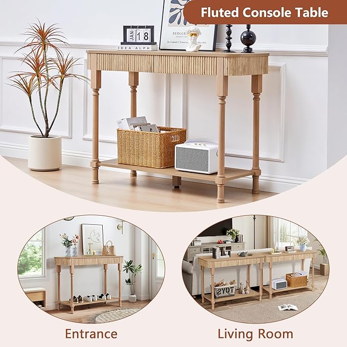 43.3'' Fluted Console Table for Entryway, Narrow Entryway Tables with 2 Wooden Drawers, Retro Sofa Table Behind Couch Accent Tables for Foyer, Living Room, Hallway (Natural)