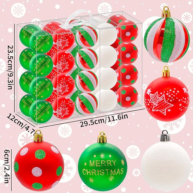 40PCS 2.36" Christmas Balls Ornaments, Plastic Christmas Tree Ornaments, Holiday Baubles, Hanging Decorations for Xmas Trees Holiday Party, Red Green White Baubles