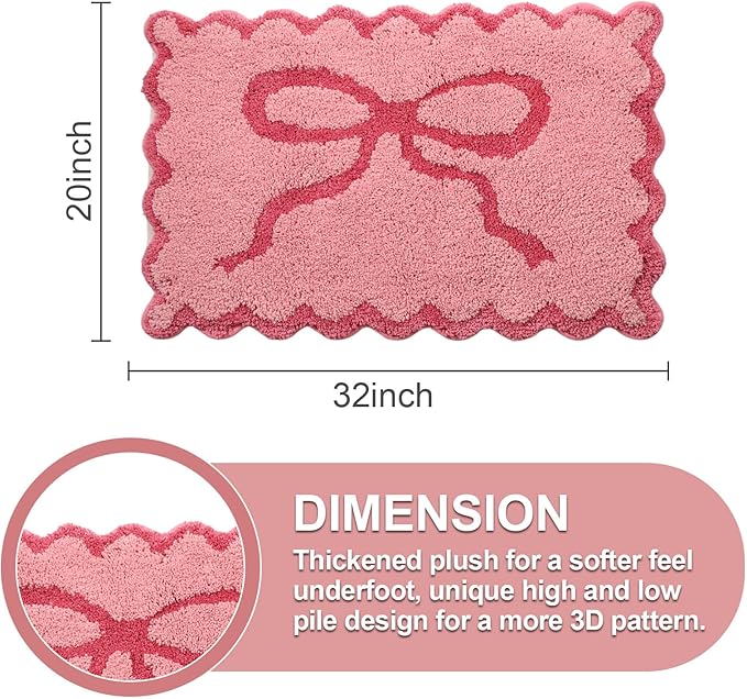 ORTIGIA Cute Pink Bow Scalloped Bath Mat, Fun Plush Microfiber Scallop Bathroom Rugs Non Slip Washable Quick Dry Absorbent, Bath Rug for Shower Stall Vanities Kitchen Floor Entrance, 20x32