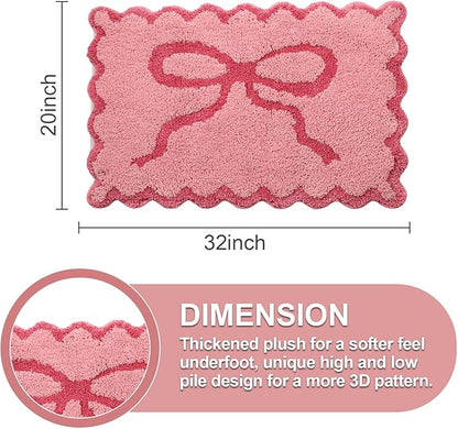 ORTIGIA Cute Pink Bow Scalloped Bath Mat, Fun Plush Microfiber Scallop Bathroom Rugs Non Slip Washable Quick Dry Absorbent, Bath Rug for Shower Stall Vanities Kitchen Floor Entrance, 20x32