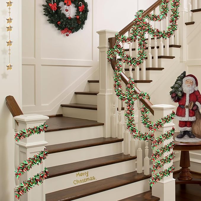 50 FT Christmas Tinsel Garland Metallic Tinsel Twist Shiny Christmas Tree Hanging Garland Decorations for Christmas Party Supplies Indoor and Outdoor Decor (Red, Green and White)