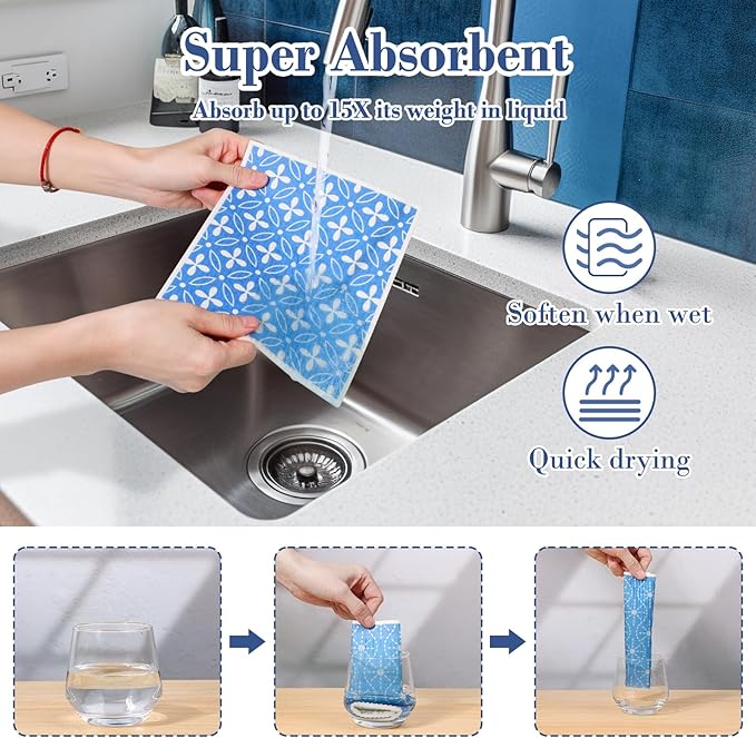 Lucomb 8 Pack Swedish Dishcloths Reusable Absorbent Fast Drying Sponge Rags for Kitchen Cleaning