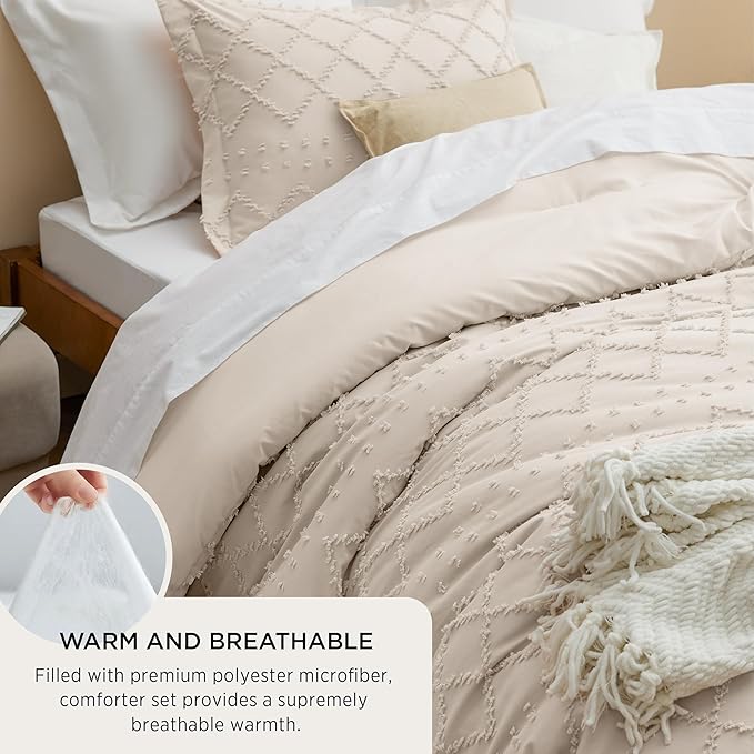 Bedsure Queen Comforter Set - Beige Comforter, Boho Tufted Shabby Chic Bedding for Kids, 3 Pieces Vintage Farmhouse Bed Set for All Seasons, Fluffy Soft Bedding with 2 Pillow Shams