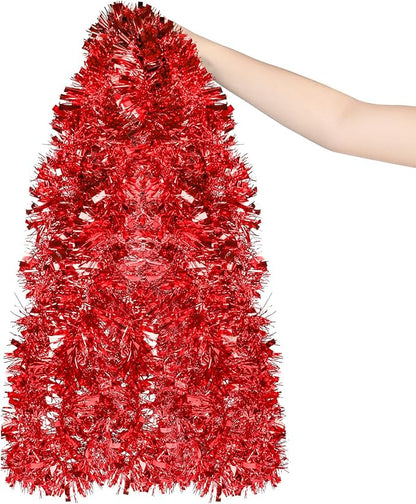 50FT Red Christmas Tinsel Garland, Metallic Twist Shiny Hanging Garland Ornaments for Xmas Tree Party Supplies Thick Thin Metallic Streamers for Indoor Outdoor Decor