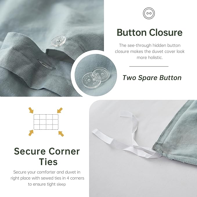 Simple&Opulence 100% Linen Duvet Cover Set, 3 PCS Natural French Flax Dusty Blue Duvet Cover King Size, Breathable Soft Comfy Linen Bedding Comforter Cover with 2 Pillowcases(Dusty Blue, 104"x92")