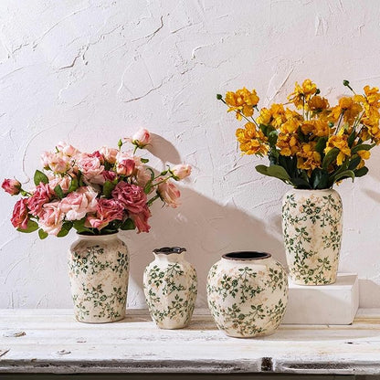 Vintage Pastoral Octagonal Vase, Green and Beige Retro Ceramic Flower Vases, Rustic Farmhouse Vases Chinoiserie Floral Small Vase for Home Decor, Living Room, Kitchen, Bedroom and Shelf 6.7 Inch