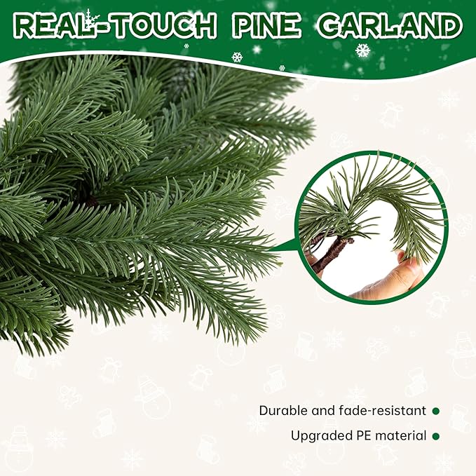 Bluesea 9FT Christmas Norfolk Pine Garland, Real Touch Pine, Faux Greenery Garland for Fireplace,Table, Stairs, Mantle, Window,Indoor Outdoor,Home,Holiday Decor（1 Pcs