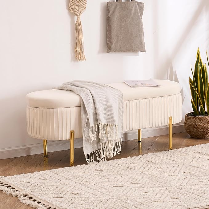 Velvet Storage Bench for Bedroom Upholstered End of Bed Bench Modern Ottoman with Gold Legs for Living Room/Window/Entryway (Ivory White, Oval-45.5" W)