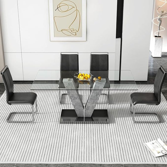71" Glass Dining Table Set for 4, Kitchen Table and 4 PU Leather Chairs, Dining Table Set Ideal for Living Room