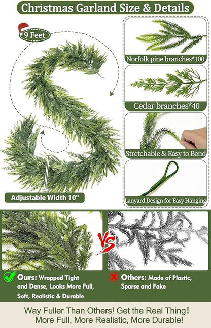 9Ft by 10 Inch Christmas Norfolk Pine Garland,Real Touch Garlands with Norfolk Pine&Cedar Branches,Realistic Soft Thick Artificial Greenery Garland for Mantle Fireplace Stair Outdoor Indoor Decortions