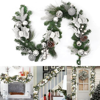 6FT Pre-Lit Christmas Garland with 20 LED Lights, Artificial Silver Garland with Pinecones, Berries, Silver Ornaments, Glitter Ribbons & Leaves, Battery Operated, for Mantle, Fireplace, Staircase,