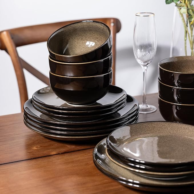 LeRatio Ceramic Dinnerware Sets for 6,Stoneware Plates and Bowls Sets,Handmade Reactive Glaze Dishes Set,Chip Resistant and Scratch Resistant | Oven&Dishwasher & Microwave Safe-Espresso Brown(18PCS)