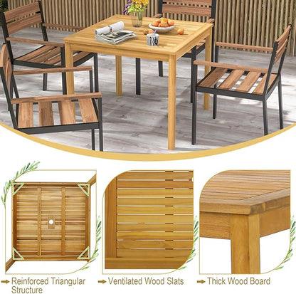 Tangkula Square Outdoor Dining Table, 4-Person Acacia Wood Dining Table with 1.9” Umbrella Hole, Farmhouse Patio Bistro Table, Indoor Outdoor Dining Furniture for Yard Deck Lawn