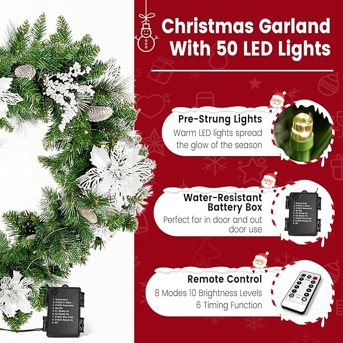 Guirnalda de Navidad preiluminada de 9 pies con exuberantes puntas de rama Christmas/flores plateadas/conos de pino y luces multicolores, guirnalda de Navidad para chimenea, escaleras, decoración de