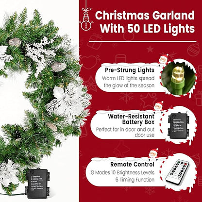 Guirnalda de Navidad preiluminada de 9 pies con exuberantes puntas de rama Christmas/flores plateadas/conos de pino y luces multicolores, guirnalda de Navidad para chimenea, escaleras, decoración de