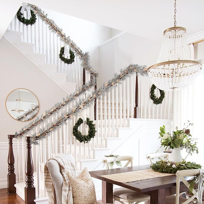 6 FT Silver Artificial Christmas Garland, Faux Spruce Evergreen Garland with 20 LED Lights, Lighted with Timer, Perfect for Christmas Indoor Outdoor Decoration