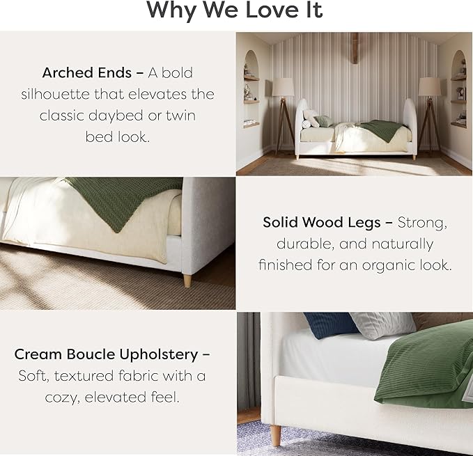DG Casa Boucle Cloud Daybed Frame with Arched Side Panels, Upholstered in Cream White Fabric, Twin Platform Bed Frame with Solid Wood Legs – Boho or Modern Style – No Box Spring Needed