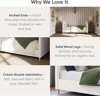 DG Casa Boucle Cloud Daybed Frame with Arched Side Panels, Upholstered in Cream White Fabric, Twin Platform Bed Frame with Solid Wood Legs – Boho or Modern Style – No Box Spring Needed