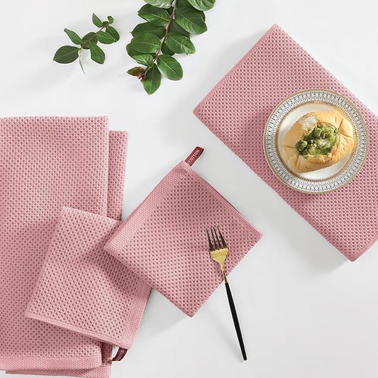 Homaxy 100% Cotton Kitchen Towels and Dishcloths Set, 12 x 12 Inches and 13 x 28 Inches, Set of 12 Bulk Kitchen Towels Set, Ultra Soft Absorbent Dish Cloths for Washing Dishes, Dried Rose