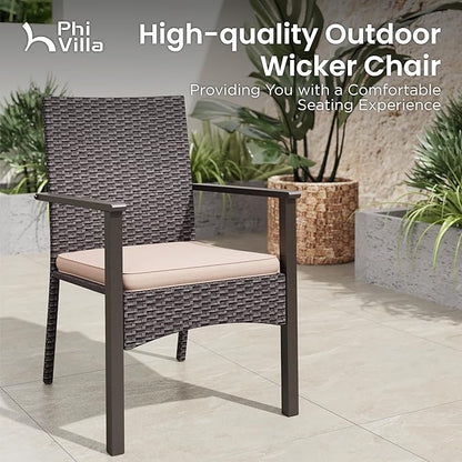 PHI VILLA Outdoor Dining Set for 6, Rectangular Rattan Table with Acacia Wood Top & Wicker Chairs with Cushions, 74” Large Modern Furniture Set for Patio, Deck, Backyard, Porch