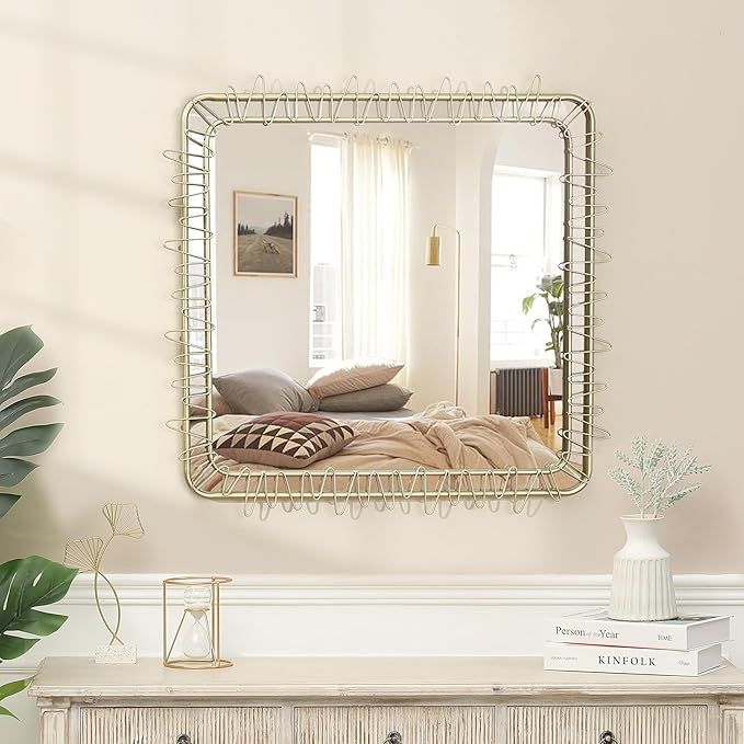 LuxenHome 30" Gold Bathroom Vanity Mirror for Wall, Square Metal Framed Wall Mirror Accent for Bedroom Dresser Entryway Living Room Modern Decorative Hanging Sculpture Home Decorations