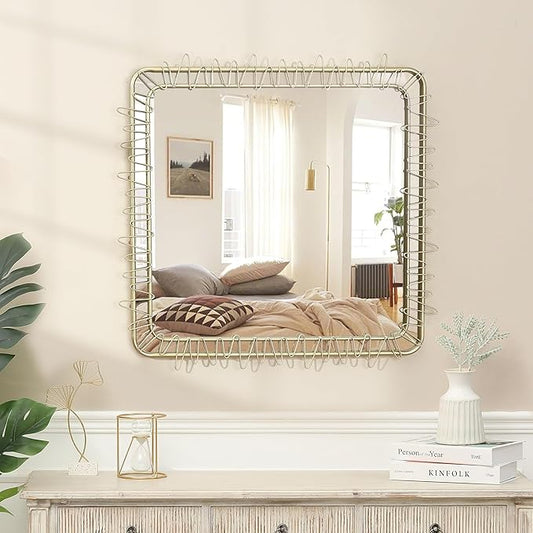 LuxenHome 30" Gold Bathroom Vanity Mirror for Wall, Square Metal Framed Wall Mirror Accent for Bedroom Dresser Entryway Living Room Modern Decorative Hanging Sculpture Home Decorations