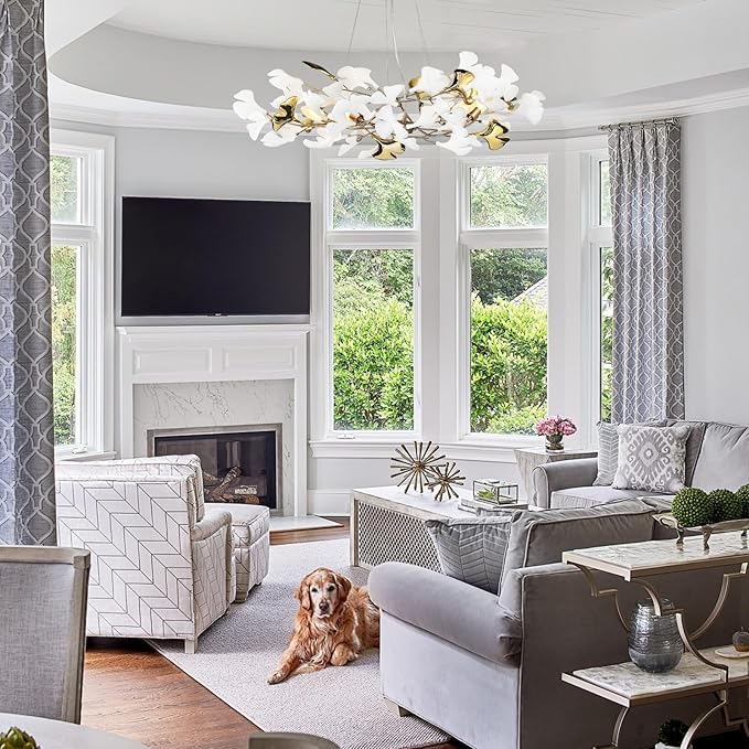 Gold Leaf Chandelier 31.5 Inch, Modern Brass Chandeliers Light,Ginkgo Chandelier for Living Room 5 Light Hanging Round Light Fixture 48 Leaves