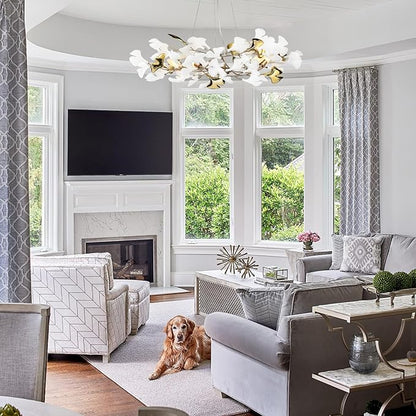 Gold Leaf Chandelier 31.5 Inch, Modern Brass Chandeliers Light,Ginkgo Chandelier for Living Room 5 Light Hanging Round Light Fixture 48 Leaves