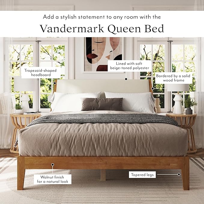 DG Casa Vandermark Solid Wood Easy Install Queen Bed Frame with Unique Headboard and Wooden Slat Support Included No Box Spring Required - Beige Walnut