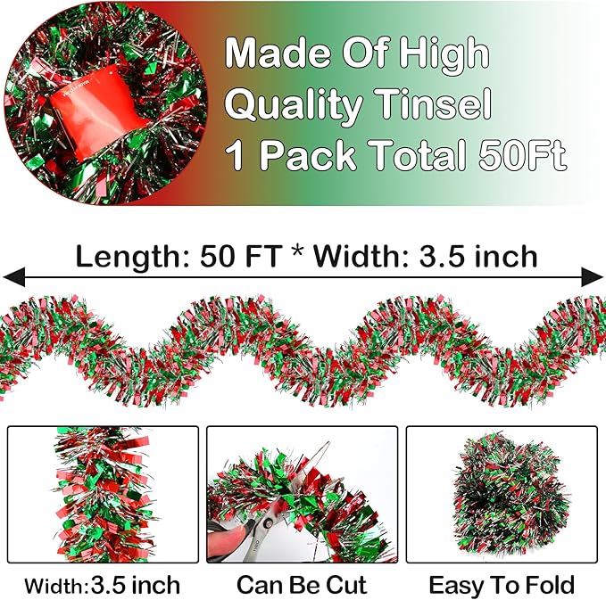 50 FT Christmas Tinsel Garland Metallic Tinsel Twist Shiny Christmas Tree Hanging Garland Decorations for Christmas Party Supplies Indoor and Outdoor Decoration (Red, Green and Silver)