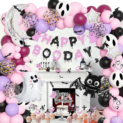Amandir Pink Purple Halloween Birthday Party Decorations, Happy Boo Day Glitter Banner Halloween Balloon Arch Garland kit Foil Bat Ghost Balloons Cake Topper for Kids Girl Spooky Baby Shower Supplies