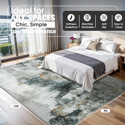 9x12 Area Rugs for Living Room Rug Washable: Abstract Large Rug for Dining Room Bedroom Carpet Non Slip 9 by 12 Indoor Modern Nursery Home Office Black Gold