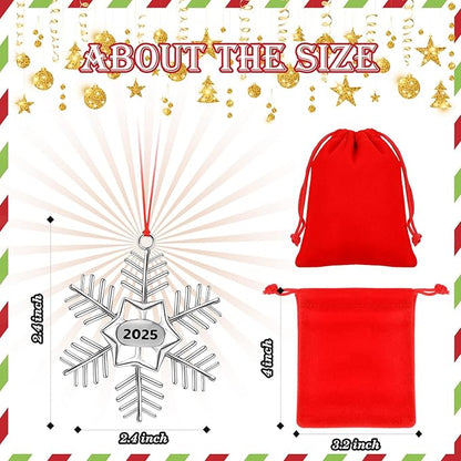 Zhengmy 8 Pieces Christmas Ornaments 2025 Solid Pewter Christmas Tree Ornament Metal Gnomes Santa Angel Snowman Hanging Craft Xmas Gifts with Red Bags(Snowflake)