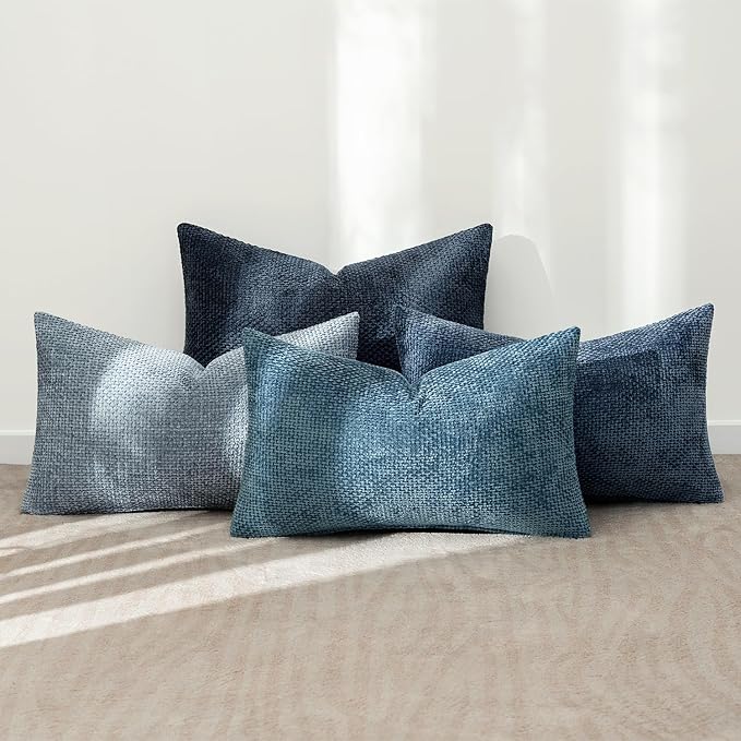 MIULEE Pack of 4 Throw Pillow Covers 12x20 Inch Neutral Blue Soft Decorative Chenille Pillow Covers Farmhouse Accent Cushion Covers for Boho Western Home Coastal Decor Bedroom Living Room