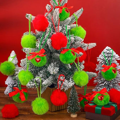24 Pcs Lime Green and Red Furry Christmas Ball Ornaments Christmas Tree Decorations Pom Pom Ball Ornaments for Christmas Decorations Fireplace Mantel Wall Decor