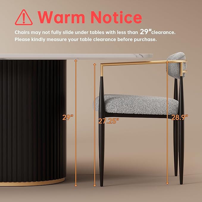 Morden Fort Modern Boucle Dining Chairs Set of 2, Grey Upholstered Dining Chairs with Black Metal Legs and Gold Armrest, for Kitchen, Living Room and Café