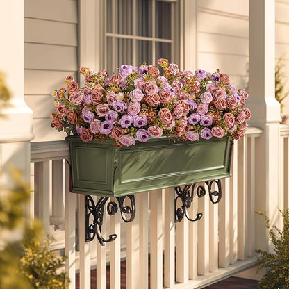 Artificial Flowers for Outdoor 4 Bundles Rose Bouquet with Daisy Faux Flowers UV Resistant for Home Indoor Outside Garden Porch Window Box Balcony Yard Porch Decor (Purple+Brown)