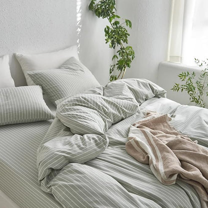 MooMee Striped Duvet Cover Set 100% Washed Cotton Linen Like Textured Breathable Durable Soft Comfy (Sage Green White Wide Stripes, Cal King 104"x98")