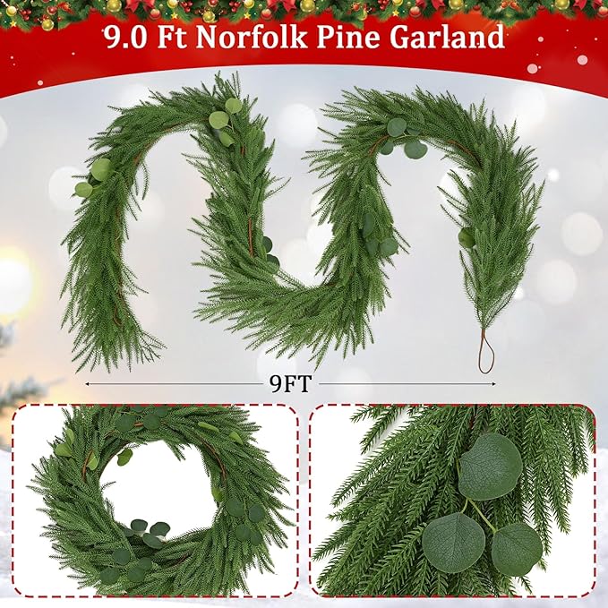 Christmas Garland Mixed with Eucalyptus,9FT Artificial Realistic Norfolk Pine Garland,Real Touch Cedar Pine Thick Greenery Faux Garland for Xmas Mantle,Stairs,Window,Fireplace(1, with 4 Ties)