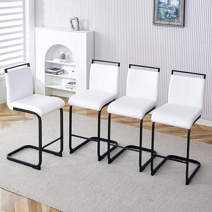 Bar Stools Set of 4,25" Counter Height Bar Stools with Footrest,White Faux Leather Kitchen Stools with Black Painted Metal Leg,White Bar Stools Ideal for Island Pub Kitchen Counter Dining Chair