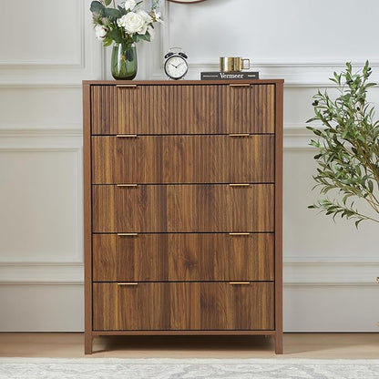 5 Drawer Double Dresser for Bedroom, Modern Wide Chest of Drawers with Fluted Panel Design,Wood Storage Dressers Chest of Drawers for Bedroom Living Room Hallway Closet,Walnut,2 Sets