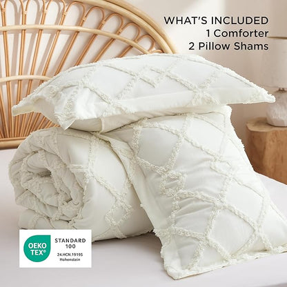 Bedsure Boho Comforter Set King - Ivory Tufted King Size Comforter, 3 Pieces Farmhouse Shabby Chic Embroidery Bed Set, Soft Fluffy Geometric Pattern Bedding for All Seasons