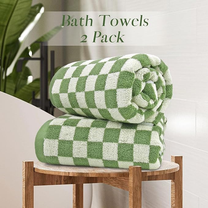 Jacquotha Bath Towels Set of 2  Luxury Cotton Bathroom Shower Towels Body 55” x 27.5” Absorbent Quick Dry, Green Checkered