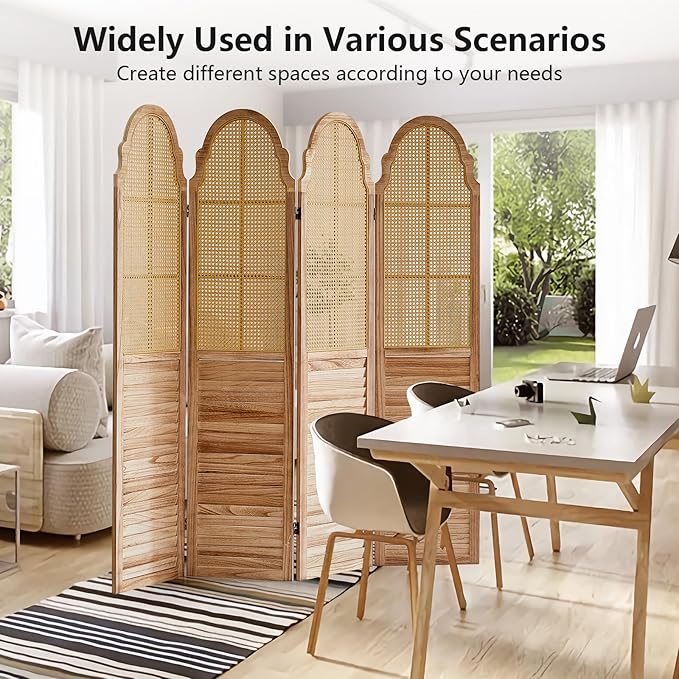 4 Panels Room Divider Wall, Rustic Rattan Room Divider, Wood Folding Privacy Screen, Foldable Wood Divider Wall, Portable Partition Screen, Wall Divider for Room Separation (Natural)