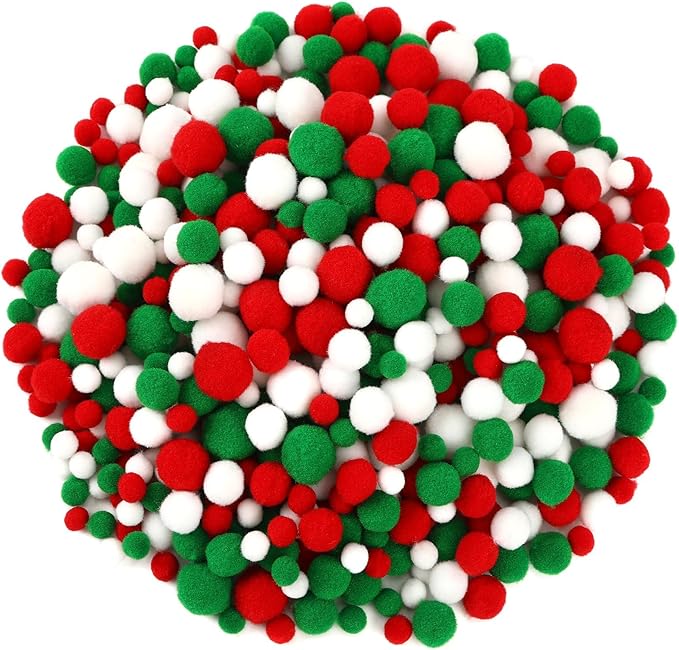 UPINS 600 Pcs Christmas Pom Poms Balls, Red Green White Craft Pompoms Fluffy Balls for Christmas Party DIY Creative Decorations Supplies（3Size）