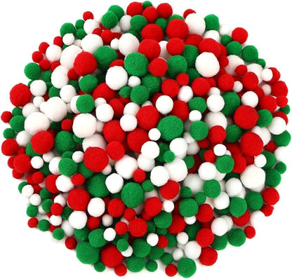 UPINS 600 Pcs Christmas Pom Poms Balls, Red Green White Craft Pompoms Fluffy Balls for Christmas Party DIY Creative Decorations Supplies（3Size）