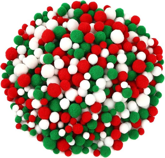 UPINS 600 Pcs Christmas Pom Poms Balls, Red Green White Craft Pompoms Fluffy Balls for Christmas Party DIY Creative Decorations Supplies（3Size）