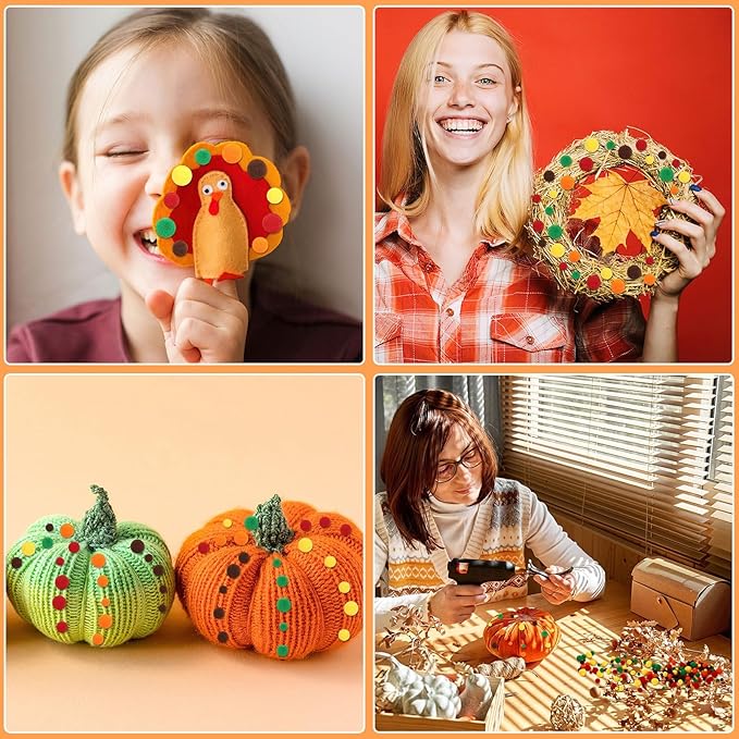 UPINS Fall Pom Poms Balls,600 Pieces Orange Brown Red Pom Poms Mixed Sizes Pompoms for Crafts Making DIY Autumn Thanksgiving Party Decorations Supplies (5 Colors)