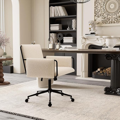 Rowill Modern Office Chair, Beige Boucle Fabric, Adjustable Height, 300 LBS Capacity, Wheels, Arm Rest, Perfect for Home Office, Bedroom, Makeup Room